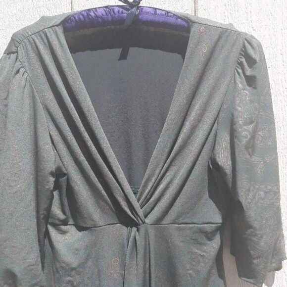 Vintage Peasant Renaissance Tunic Top Pleated Bishop Green Metallic Print  Sz L - Picture 2 of 8